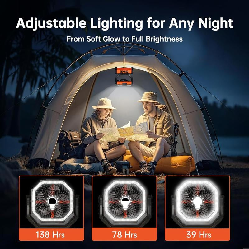 Portable Fans Camping Fan Rechargeable with LED Lantern, 20000Mah Battery Powered Travel Fan with 1-8 Hour Timing Function, 270° Head Rotation, 4 Speeds Settings for Tents, Office, Desk, Camping and Fishing, Summer Gifts