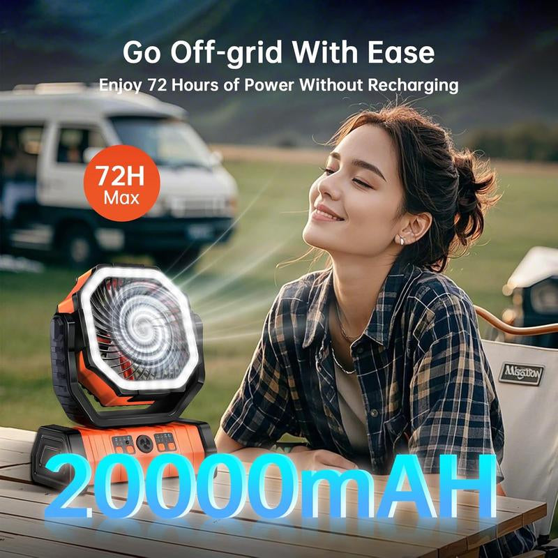 Portable Fans Camping Fan Rechargeable with LED Lantern, 20000Mah Battery Powered Travel Fan with 1-8 Hour Timing Function, 270° Head Rotation, 4 Speeds Settings for Tents, Office, Desk, Camping and Fishing, Summer Gifts