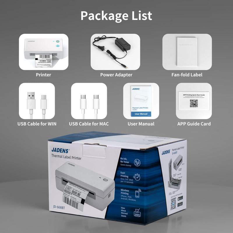 JADENS Shipping Label Printer 668BT, Bluetooth Wireless Thermal Label Printer, Compatible with Ios, Android, Windows, Mac, Chromebook, Widely Used for Etsy, Ebay, Shopify, USPS