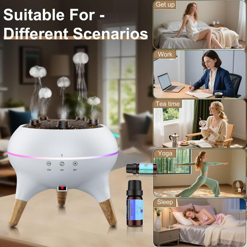 Dynamic Multi-Spray Aromatherapy Machine Desktop Flame Humidifier Household Large Fog Colorful Light with Remote Control Jellyfish Diffuser