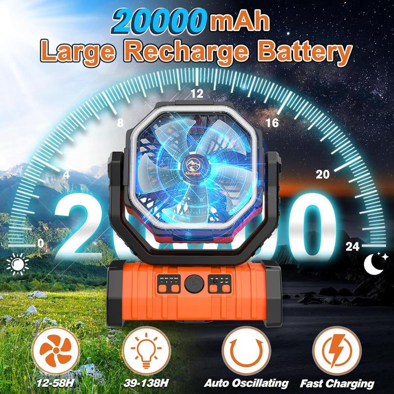 Portable Fans Camping Fan Rechargeable with LED Lantern, 20000Mah Battery Powered Travel Fan with 1-8 Hour Timing Function, 270° Head Rotation, 4 Speeds Settings for Tents, Office, Desk, Camping and Fishing, Summer Gifts