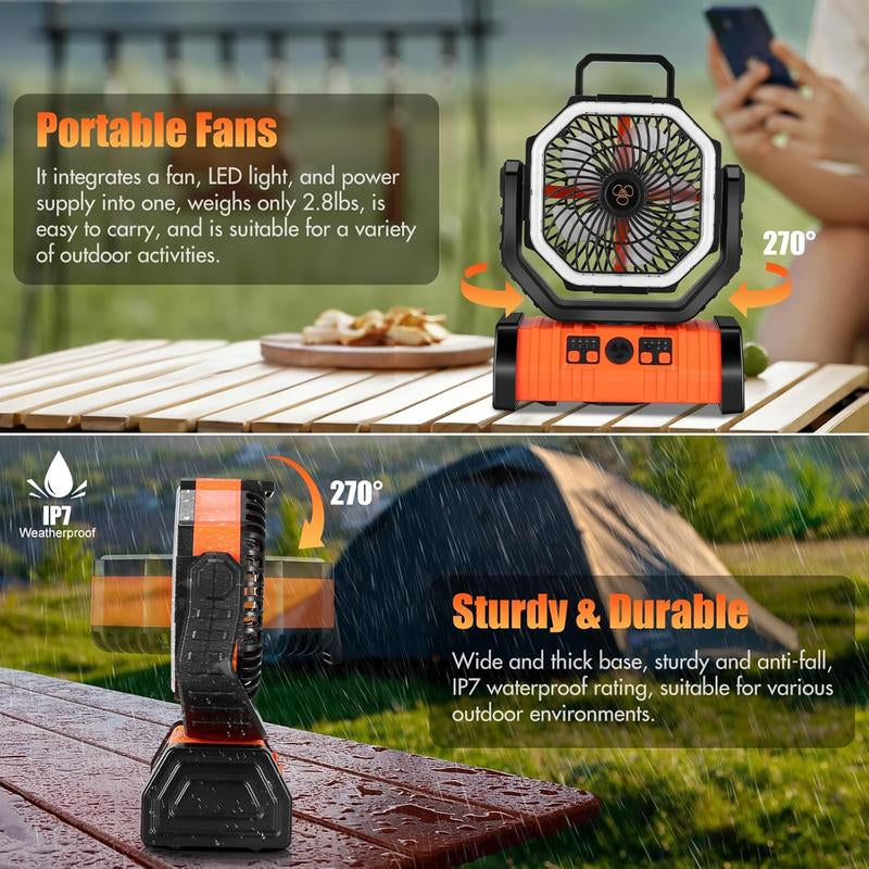 Portable Fans Camping Fan Rechargeable with LED Lantern, 20000Mah Battery Powered Travel Fan with 1-8 Hour Timing Function, 270° Head Rotation, 4 Speeds Settings for Tents, Office, Desk, Camping and Fishing, Summer Gifts